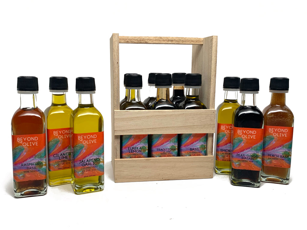 6 pack of 2 oz extra virgin olive oils samplers and balsamic vinegars in a wood crate