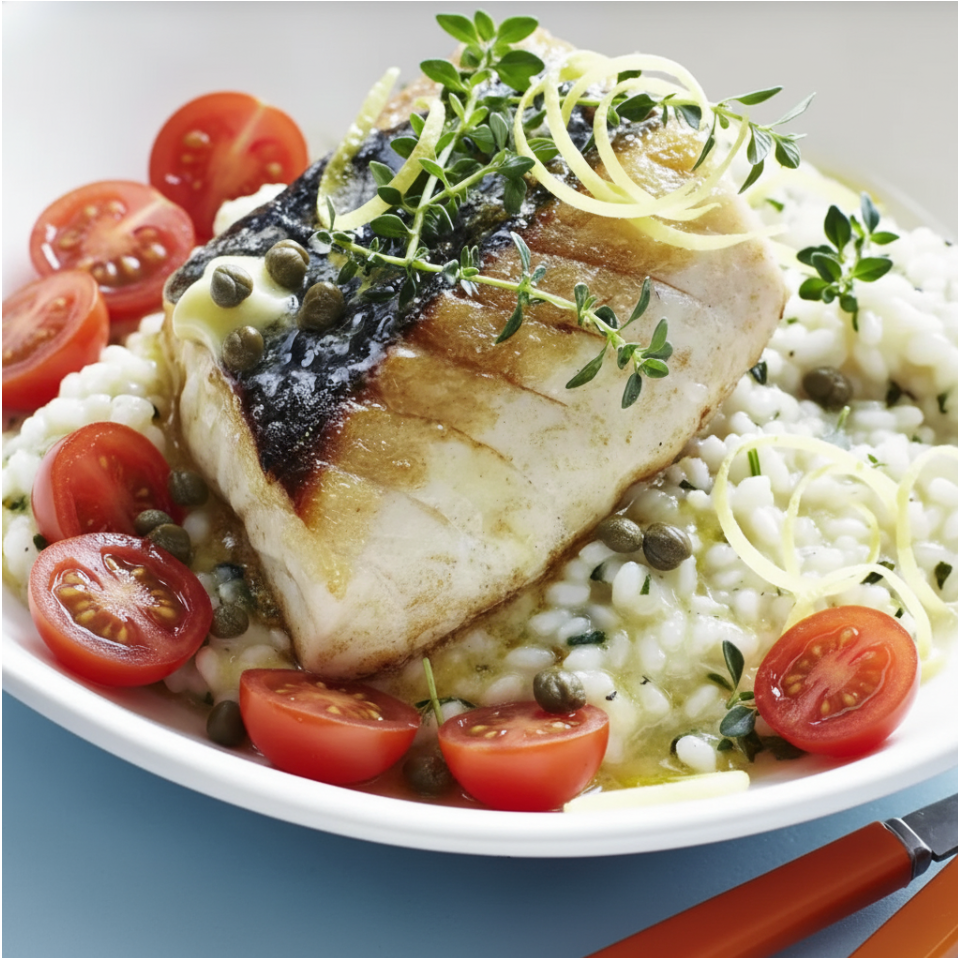 ROASTED HALIBUT WITH RISOTTO ALFREDO