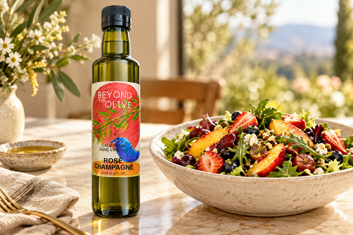 Rose Champagne vinegar bottle beside a fruit salad on an elegant table