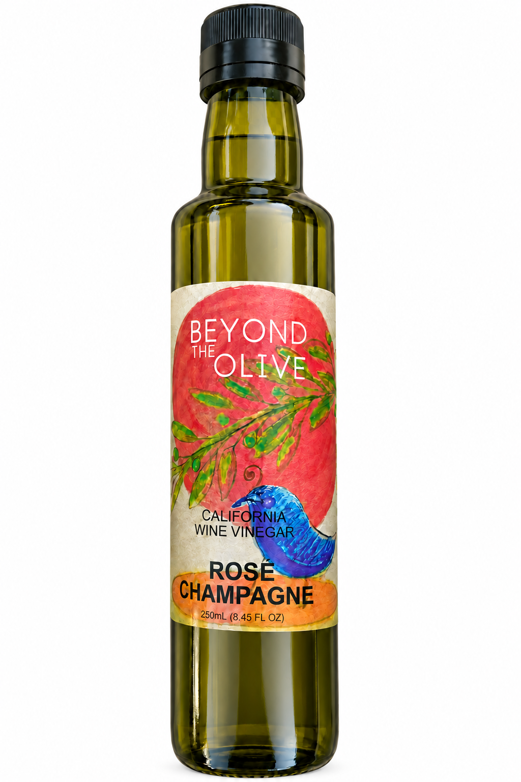Rose Champagne vinegar bottle on a clean white background